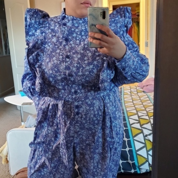 Eloquii 14 Ruffle Detail Printed Jumpsuit blue - Picture 4 of 9